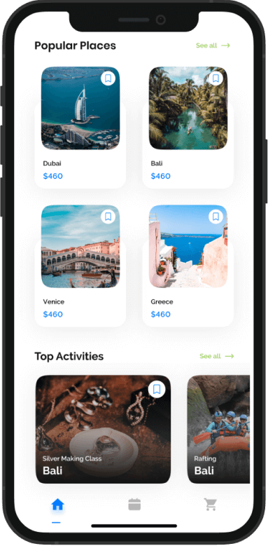 An intuitive iphone screen representing popular places and top activities dashboard of an iOS app developed by Technocrats iOS app development company