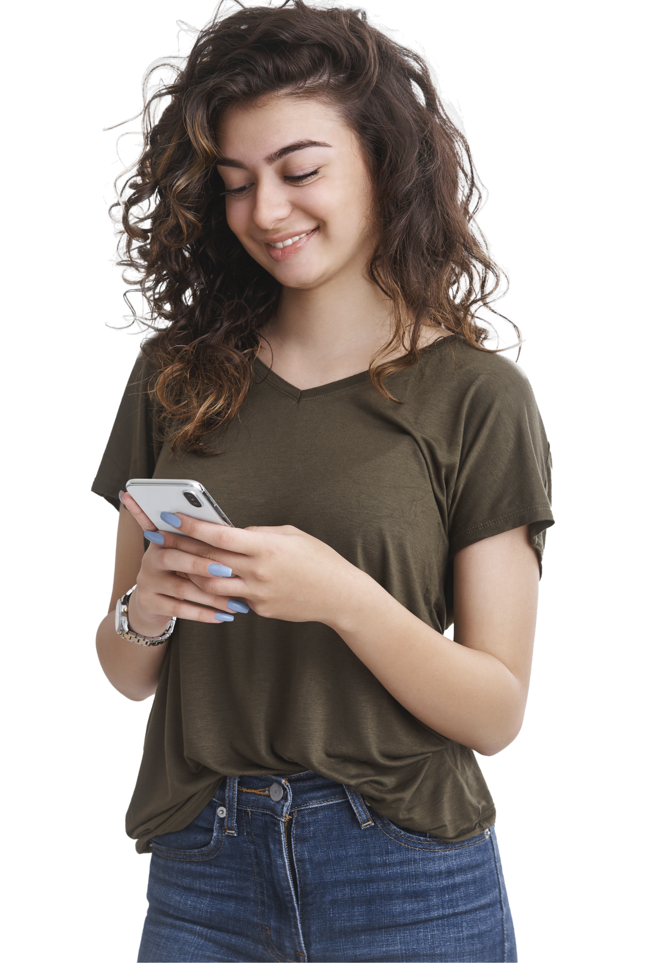 A girl with curly hair and wearing green top with jeans staring at her phone screen looking at clean and attractive eCommerce solutions developed by Technocrats eCommerce development company