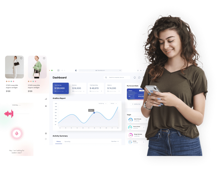 A girl with curly hair and wearing green top with jeans staring at her phone screen looking at clean and attractive eCommerce solutions developed by Technocrats eCommerce development company