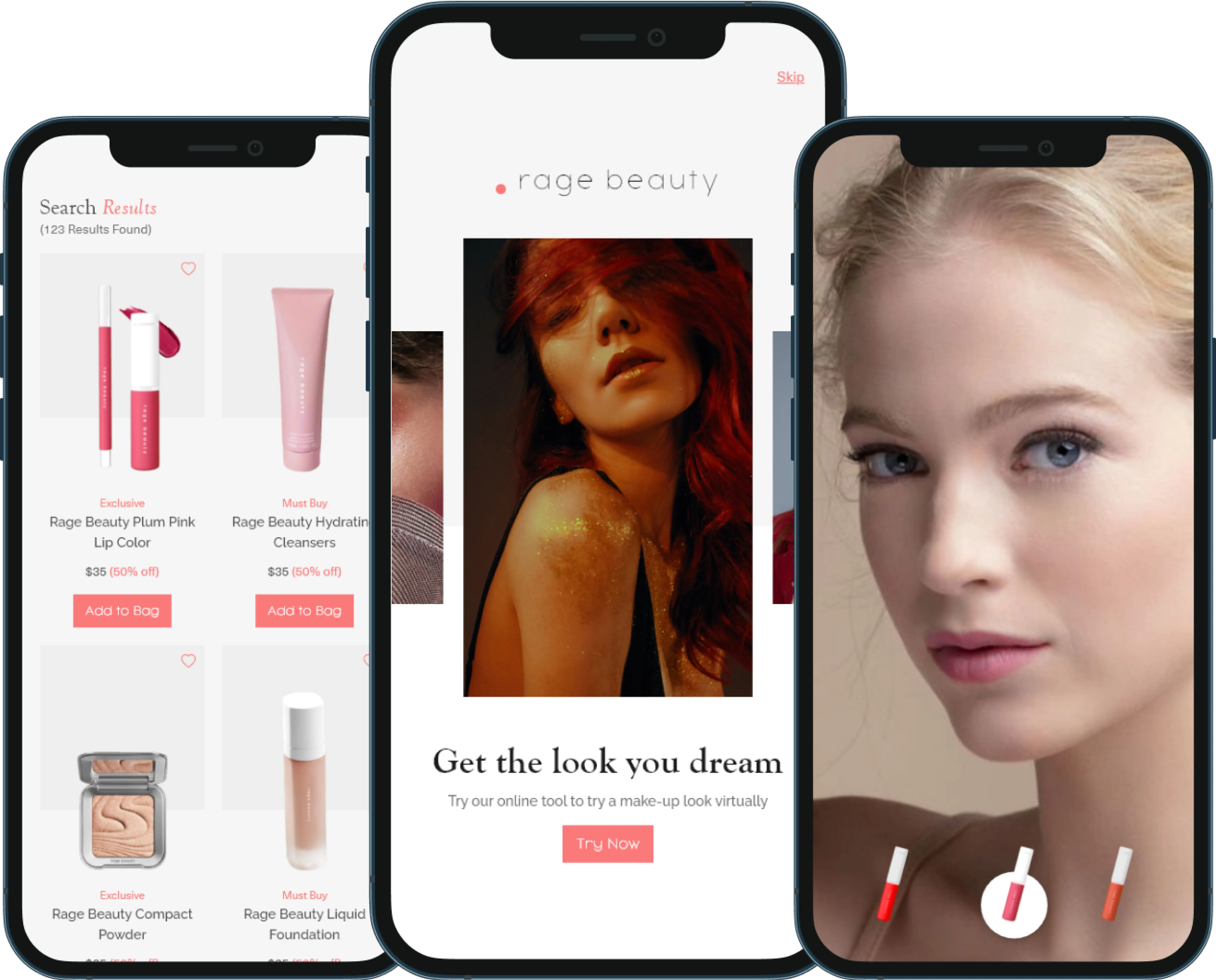 Three phone screens mockup displaying eCommerce app dashboard designs of a cosmetic brand